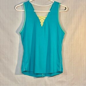 Lucky In Love Tank Top Athletic Teal Mesh V Back Criss Cross Front EUC M 8/10
